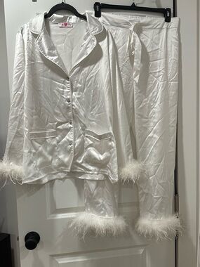 Buddy Love White Satin Feather-Trim Pajama Set